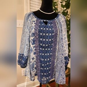New Directions Blue and Purple Patterned Blouse
